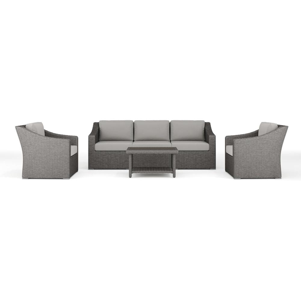 imageMartha Stewart Bedford 4Piece IndoorOutdoor Conversation Set with Sofa 2 Accent Chairs and Coffee Table in Gray Rattan Wicker with Gray AllWeather CushionsGray CushionsGray Frame