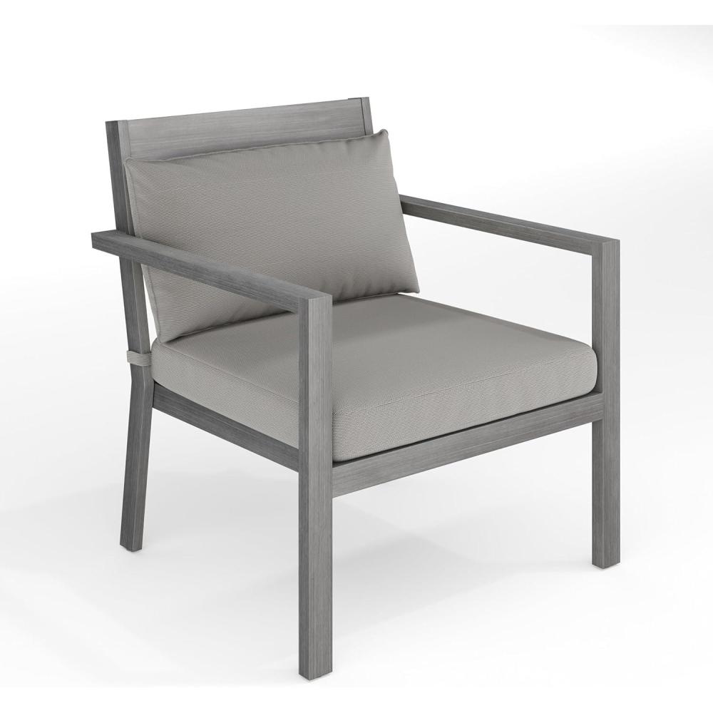imageMartha Stewart Bedford IndoorOutdoor Aluminum Patio Accent Chairs with Brushed Woodgrain Finish in Gray and Gray AllWeather Cushions Set of 2Grey