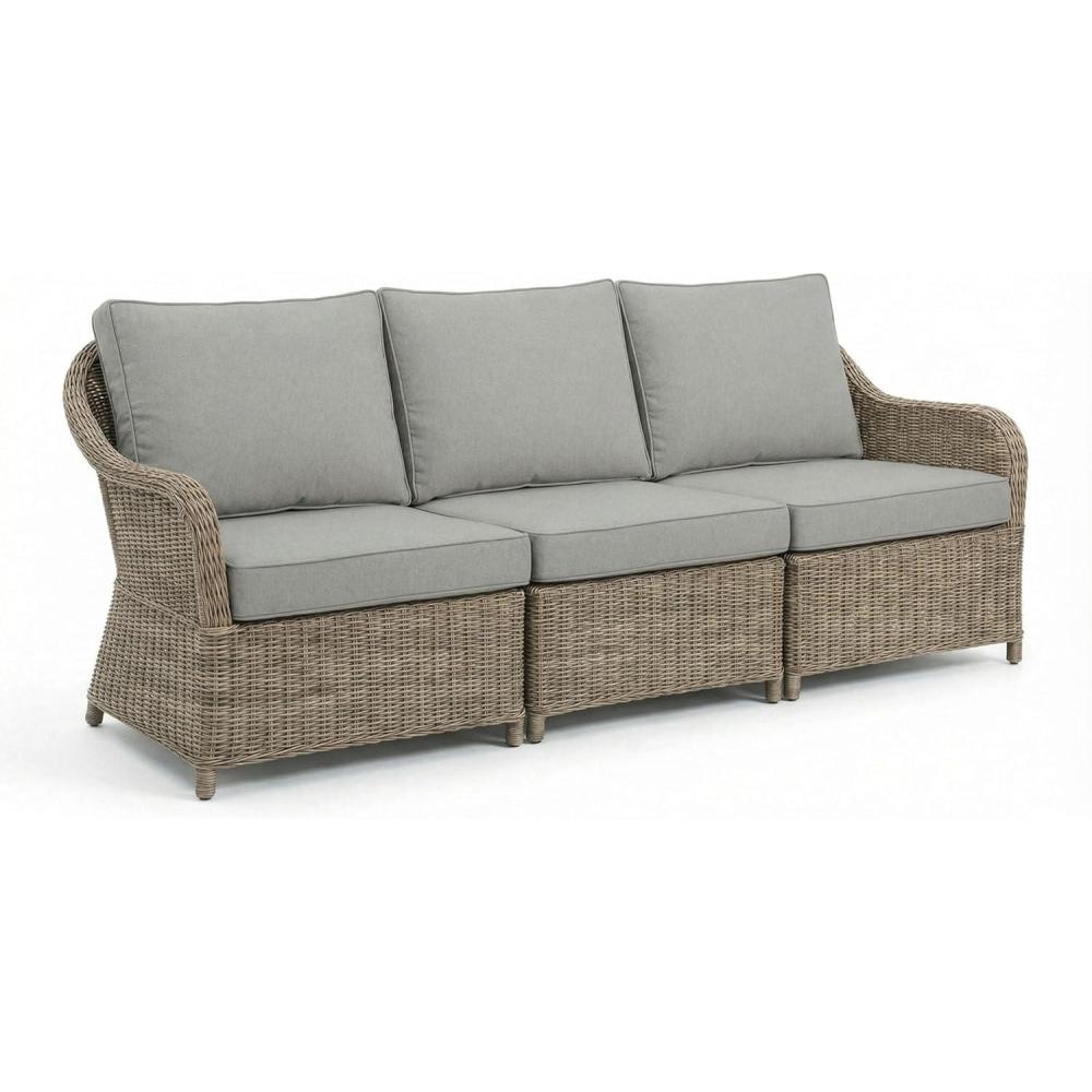 imageMartha Stewart Lily Pond IndoorOutdoor 3Seat Patio Sofa in Weathered Gray Rattan Wicker AllWeather Gray Back and Seat Cushions 300 Lb Static Weight Per Seat