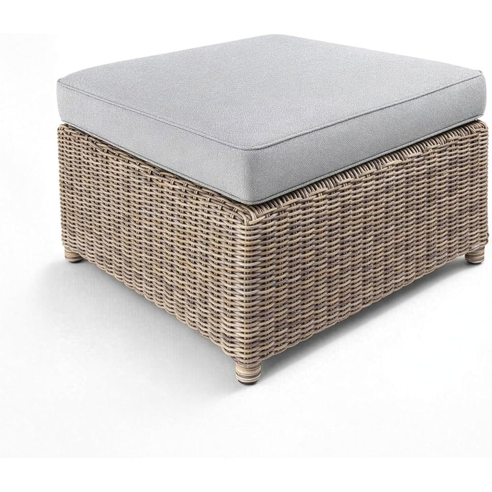 imageMartha Stewart Lily Pond Rattan Wicker IndoorOutdoor Patio Ottoman in Weathered Gray with 4 Gray Olefin Cushion Steel Frame and Zippered Removable Cushion Cover