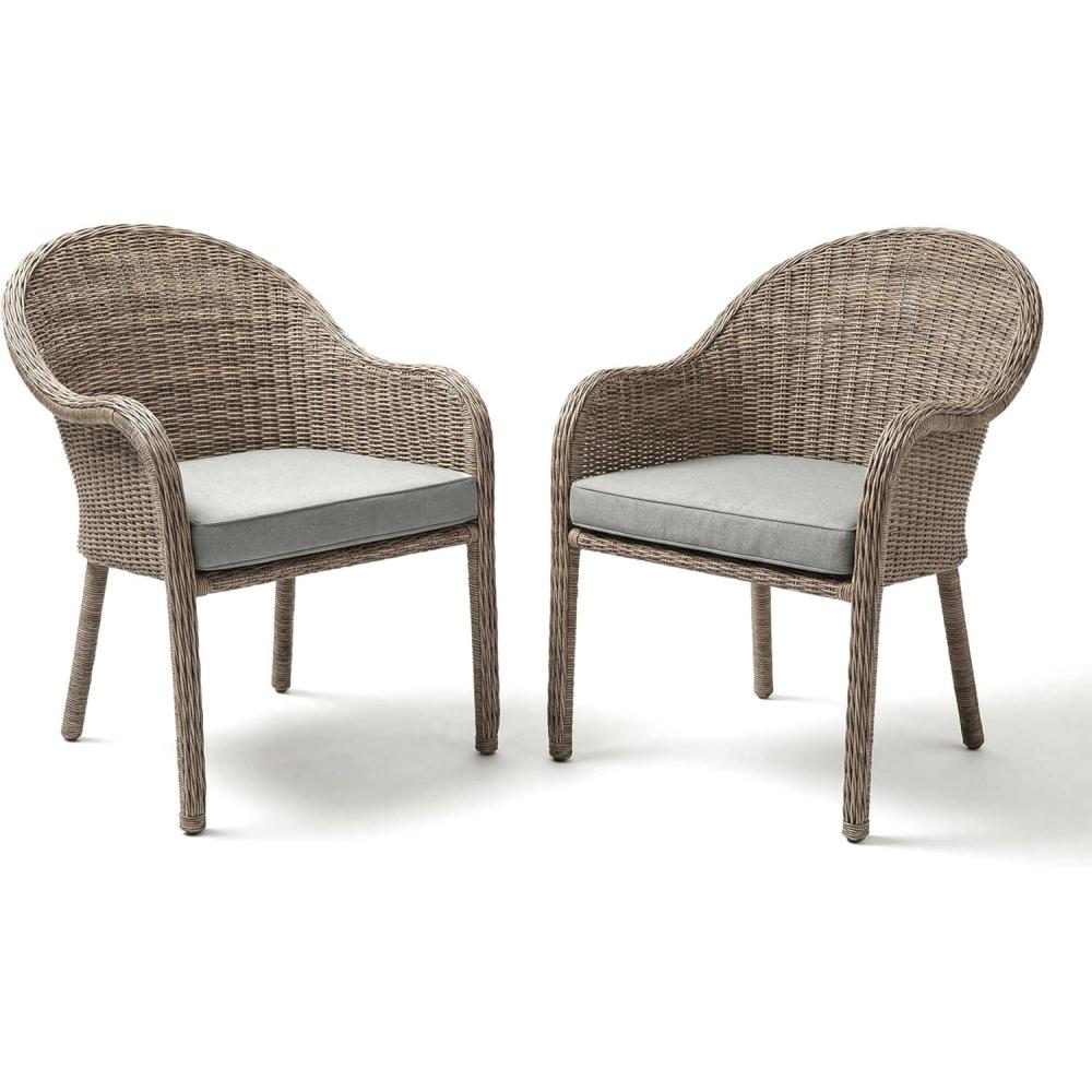 imageMartha Stewart Lily Pond Set of 2 IndoorOutdoor Weathered Gray Rattan Wicker Patio Dining Armchairs Gray Seat Cushions Stacks Up to 8 High 300 Lb Static WeightSet of 2