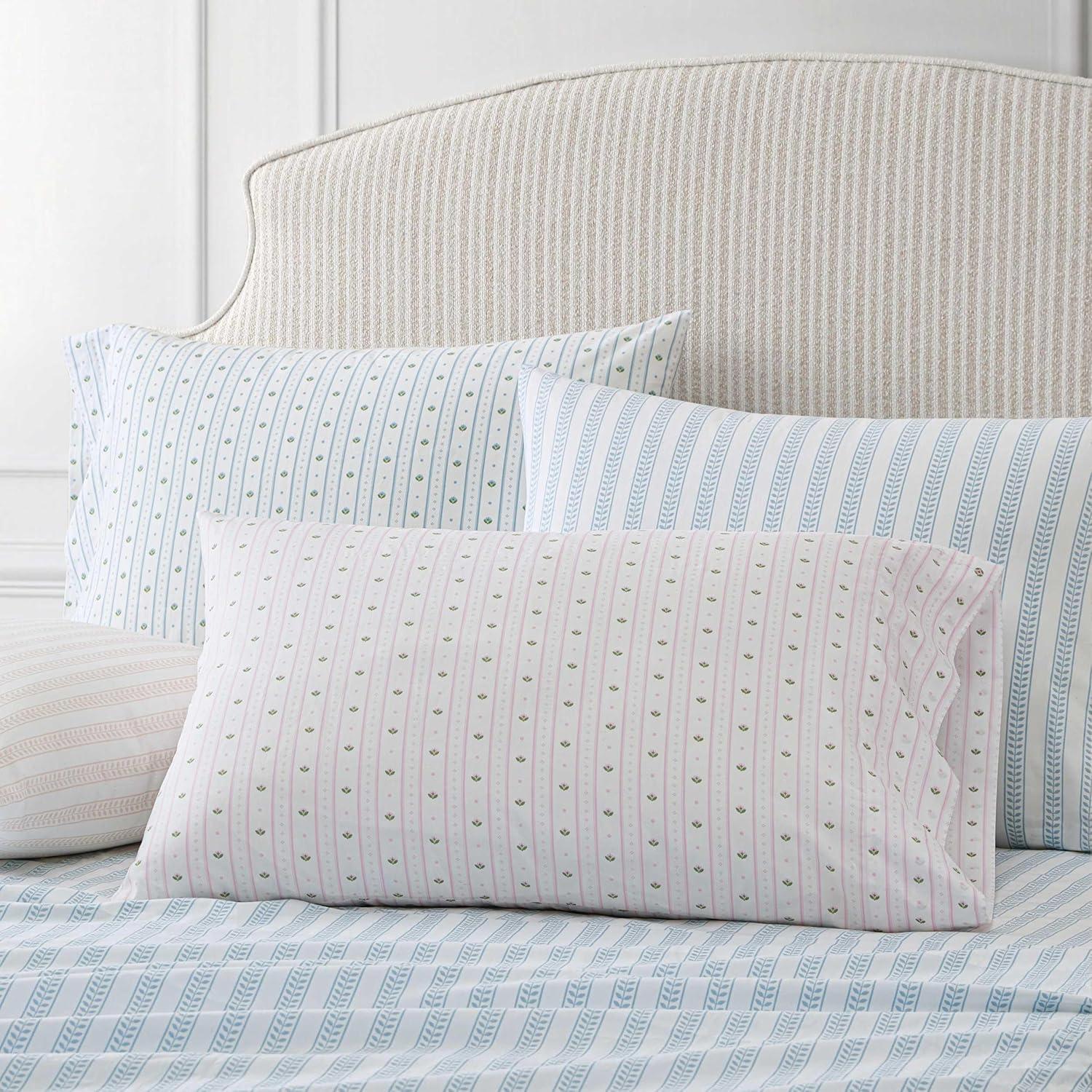 imageMartha Stewart Twin Size Sheet Set Crisp amp Tailored Sheets with a Smooth Cotton Percale Feel Striped Bed Sheets with Matching Pillowcase amp Fitted Sheet Leaf Trellis BeigeLeaf Stripe Blue