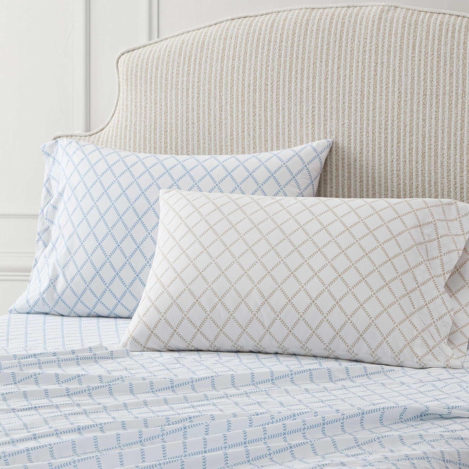 imageMartha Stewart Twin Size Sheet Set Crisp amp Tailored Sheets with a Smooth Cotton Percale Feel Striped Bed Sheets with Matching Pillowcase amp Fitted Sheet Leaf Trellis BeigeLeaf Trellis Blue