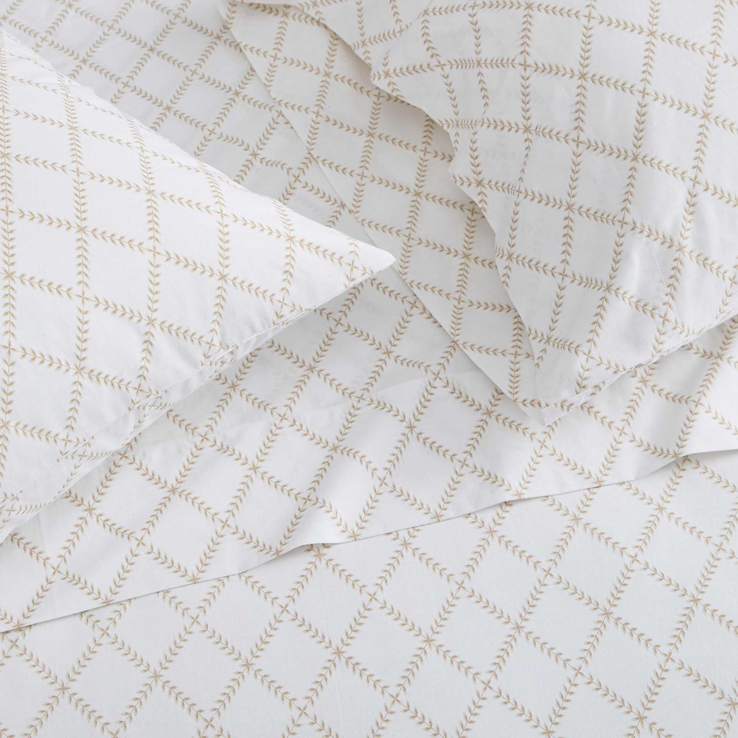 imageMartha Stewart Twin Size Sheet Set Crisp amp Tailored Sheets with a Smooth Cotton Percale Feel Striped Bed Sheets with Matching Pillowcase amp Fitted Sheet Leaf Trellis BeigeLeaf Trellis Beige