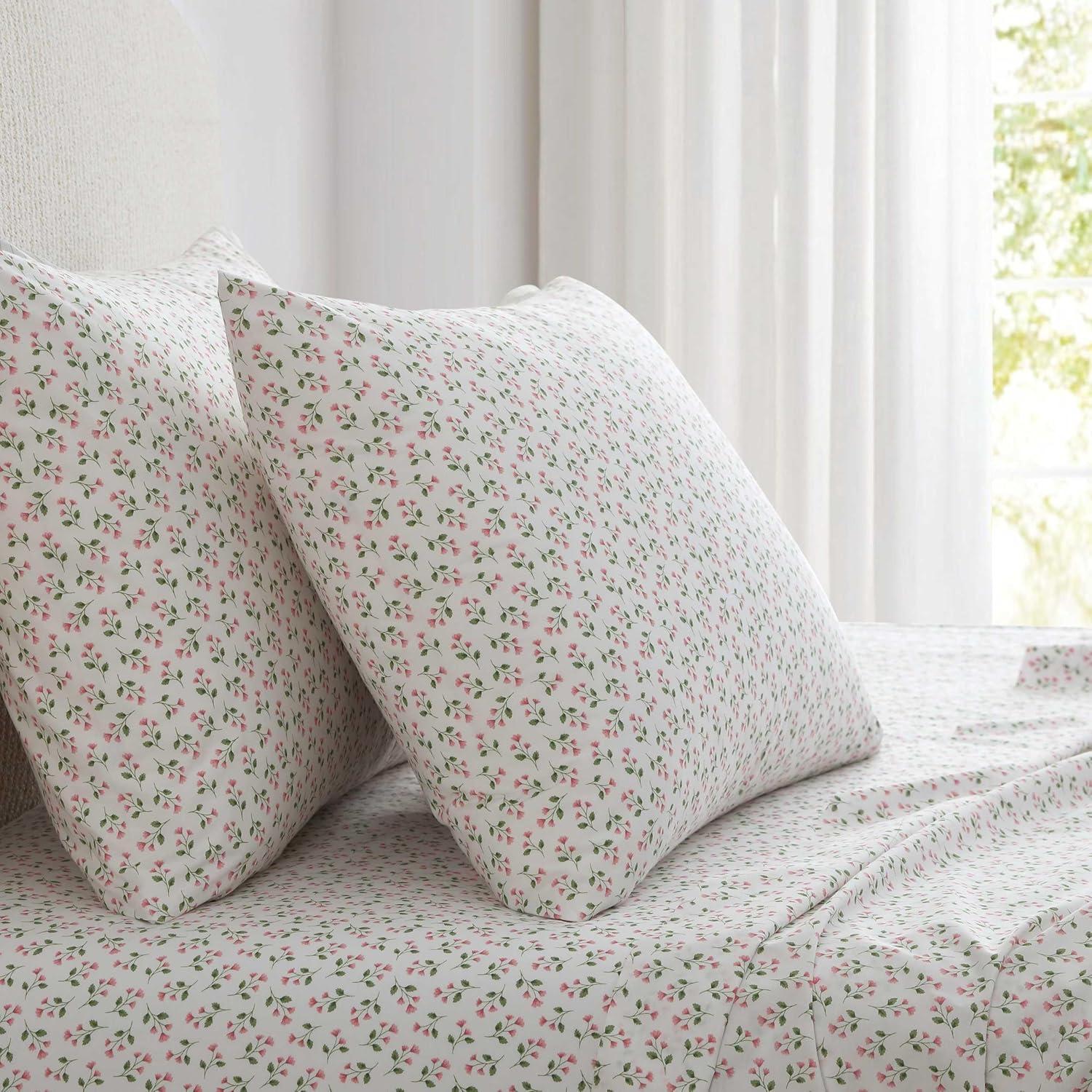 imageMartha Stewart Twin Size Sheet Set Crisp amp Tailored Sheets with a Smooth Cotton Percale Feel Striped Bed Sheets with Matching Pillowcase amp Fitted Sheet Leaf Trellis BeigeKennedy Floral Pink