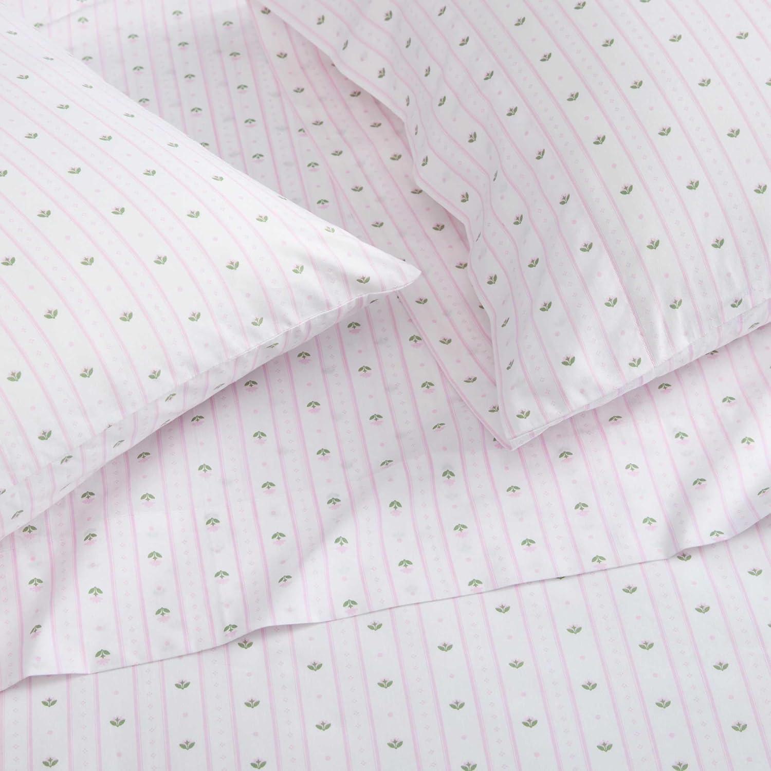 imageMartha Stewart Twin Size Sheet Set Crisp amp Tailored Sheets with a Smooth Cotton Percale Feel Striped Bed Sheets with Matching Pillowcase amp Fitted Sheet Leaf Trellis BeigeFloral Stripe Pink