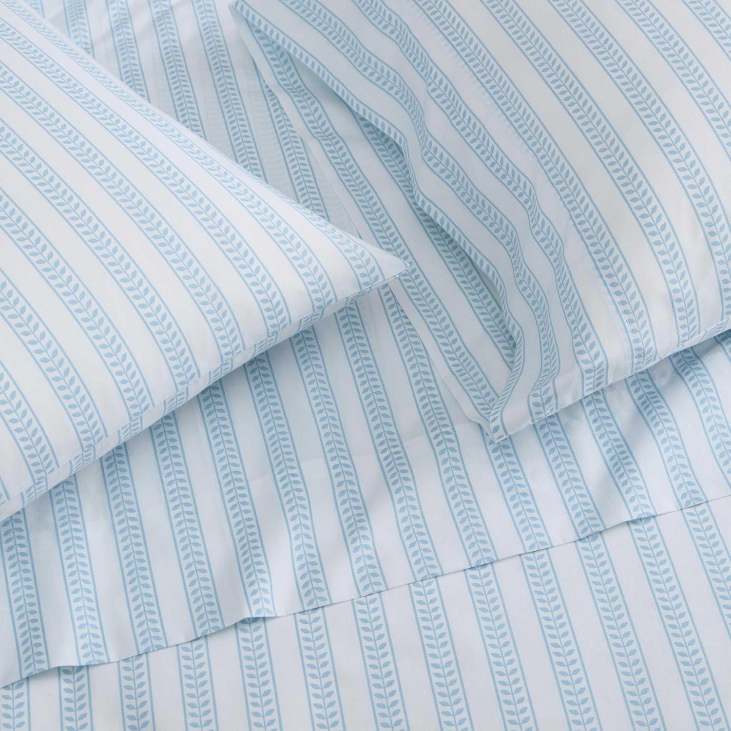 imageMartha Stewart Twin Size Sheet Set Crisp amp Tailored Sheets with a Smooth Cotton Percale Feel Striped Bed Sheets with Matching Pillowcase amp Fitted Sheet Leaf Trellis BeigeLeaf Stripe Blue