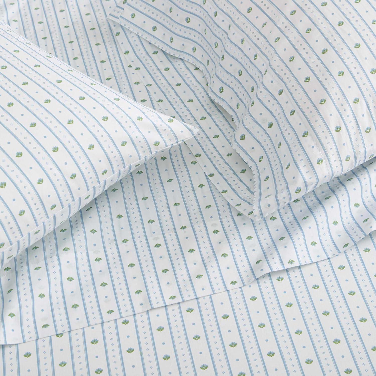 imageMartha Stewart Twin Size Sheet Set Crisp amp Tailored Sheets with a Smooth Cotton Percale Feel Striped Bed Sheets with Matching Pillowcase amp Fitted Sheet Leaf Trellis BeigeFloral Stripe Blue