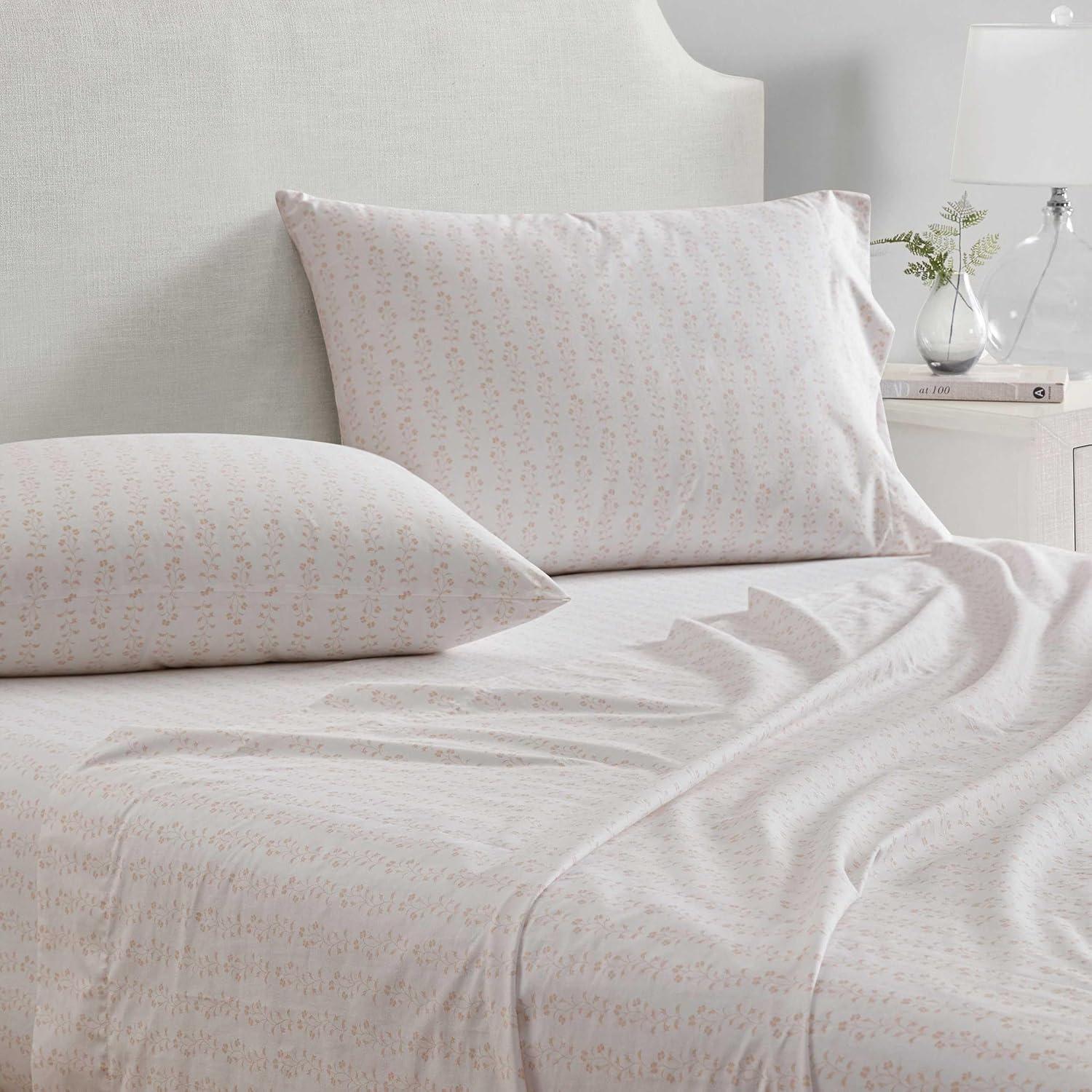 imageMartha Stewart Twin Size Sheet Set Crisp amp Tailored Sheets with a Smooth Cotton Percale Feel Striped Bed Sheets with Matching Pillowcase amp Fitted Sheet Leaf Trellis BeigeDitsy Vine Pink