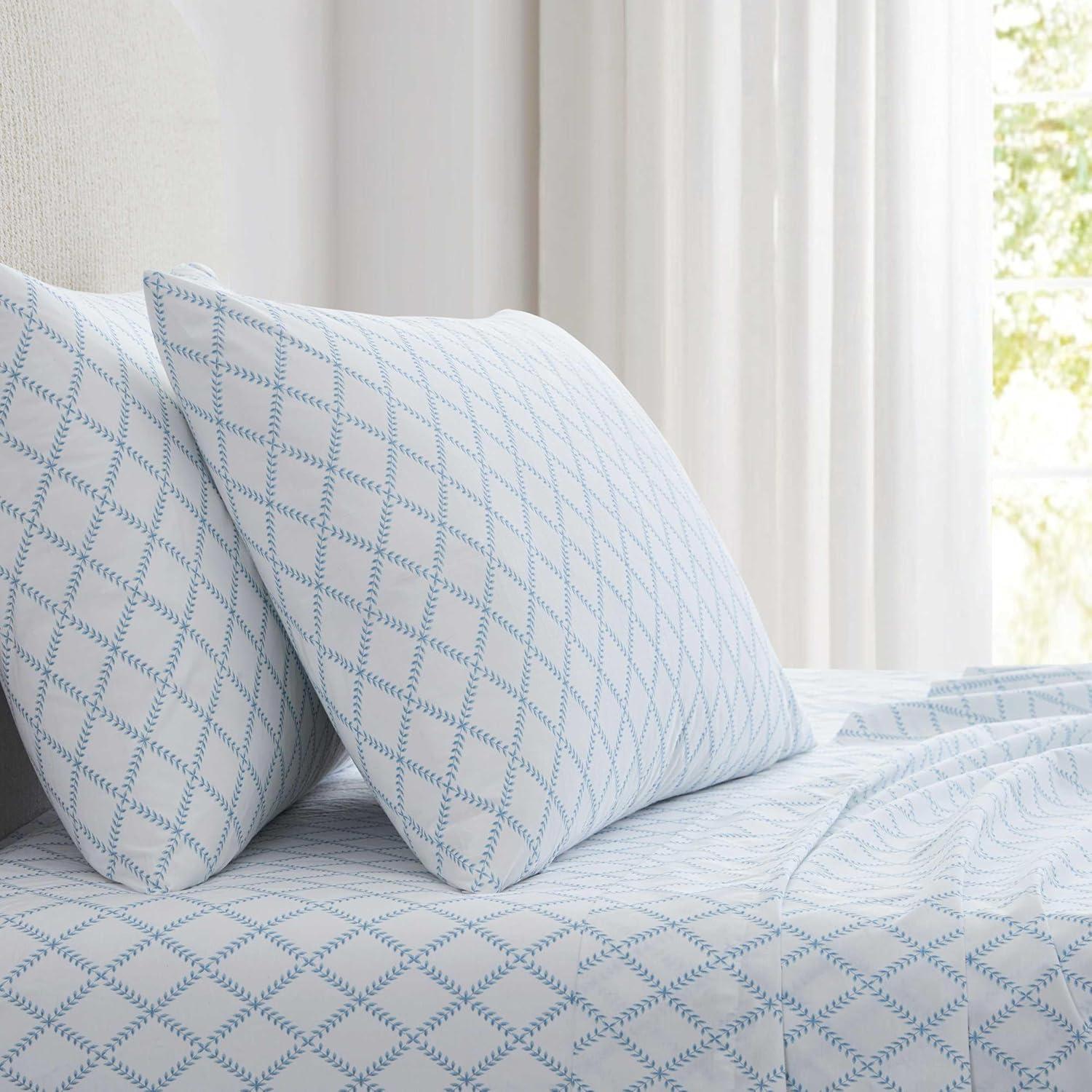 imageMartha Stewart Twin Size Sheet Set Crisp amp Tailored Sheets with a Smooth Cotton Percale Feel Striped Bed Sheets with Matching Pillowcase amp Fitted Sheet Leaf Trellis BeigeLeaf Trellis Blue