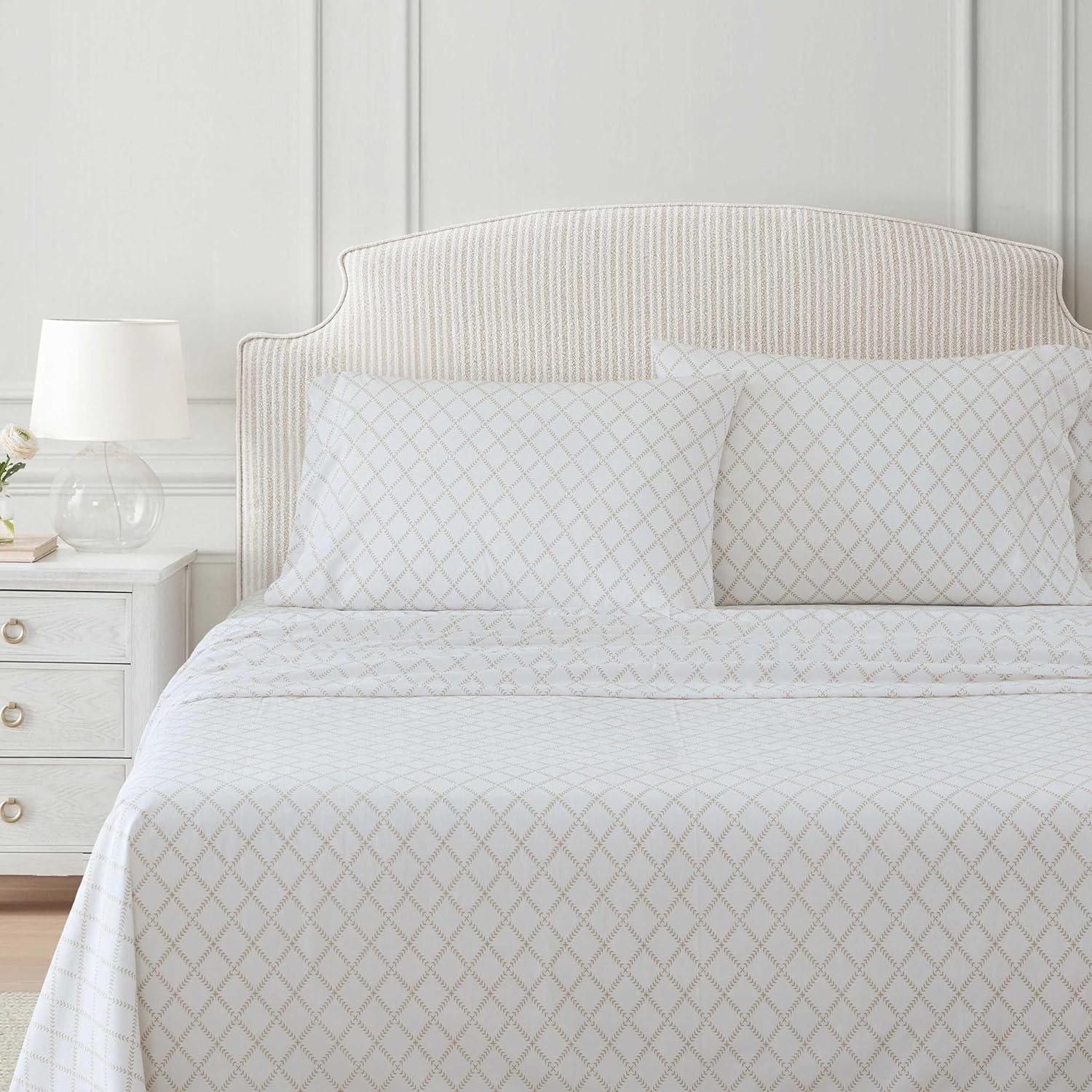 imageMartha Stewart Twin Size Sheet Set Crisp amp Tailored Sheets with a Smooth Cotton Percale Feel Striped Bed Sheets with Matching Pillowcase amp Fitted Sheet Leaf Trellis BeigeLeaf Trellis Beige