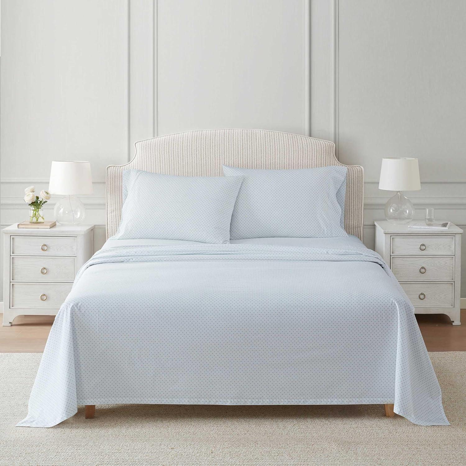 imageMartha Stewart Twin Size Sheet Set Crisp amp Tailored Sheets with a Smooth Cotton Percale Feel Striped Bed Sheets with Matching Pillowcase amp Fitted Sheet Leaf Trellis BeigePolka Dot Blue