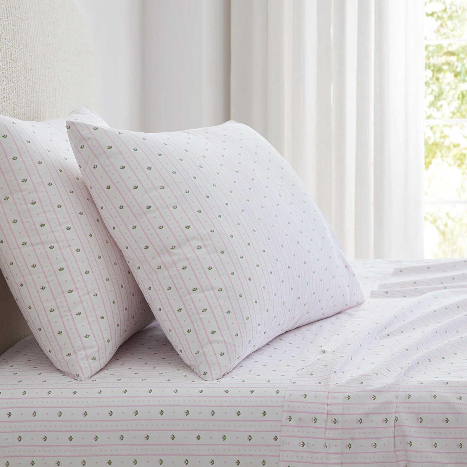 imageMartha Stewart Twin Size Sheet Set Crisp amp Tailored Sheets with a Smooth Cotton Percale Feel Striped Bed Sheets with Matching Pillowcase amp Fitted Sheet Leaf Trellis BeigeFloral Stripe Pink
