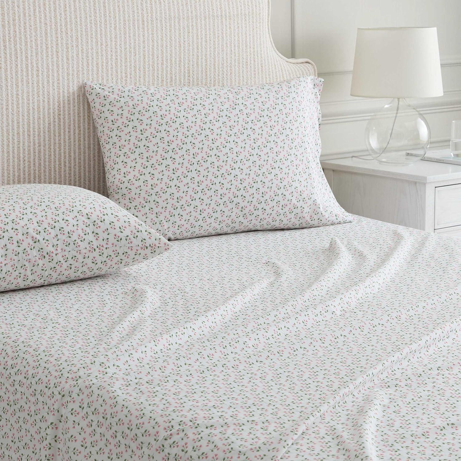 imageMartha Stewart Twin Size Sheet Set Crisp amp Tailored Sheets with a Smooth Cotton Percale Feel Striped Bed Sheets with Matching Pillowcase amp Fitted Sheet Leaf Trellis BeigeKennedy Floral Pink