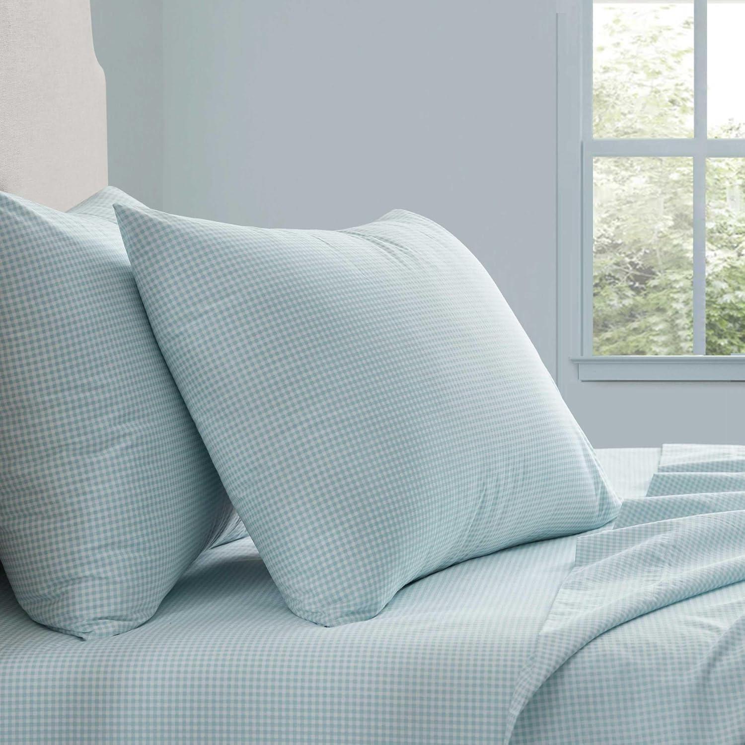 imageMartha Stewart Twin Size Sheet Set Crisp amp Tailored Sheets with a Smooth Cotton Percale Feel Striped Bed Sheets with Matching Pillowcase amp Fitted Sheet Leaf Trellis BeigeSmall Gingham Blue