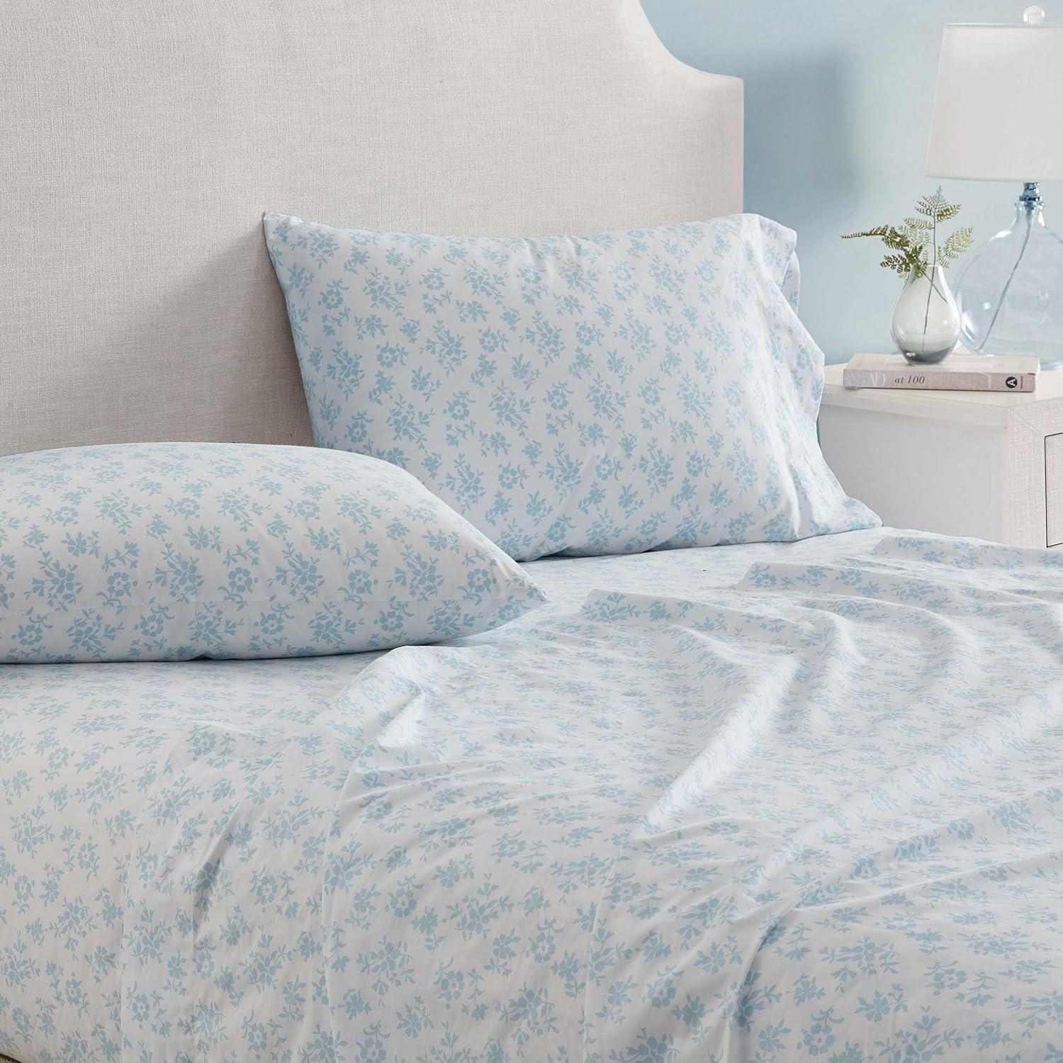 imageMartha Stewart Twin Size Sheet Set Crisp amp Tailored Sheets with a Smooth Cotton Percale Feel Striped Bed Sheets with Matching Pillowcase amp Fitted Sheet Leaf Trellis BeigeFloral Blue