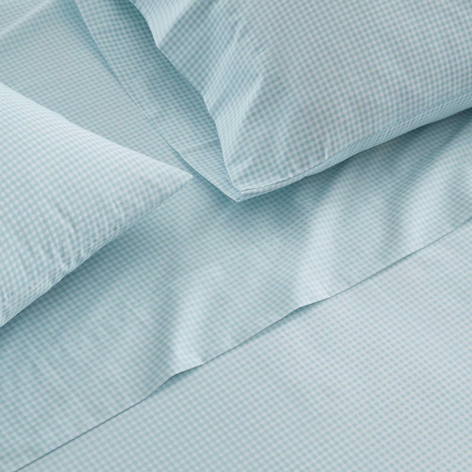 imageMartha Stewart Twin Size Sheet Set Crisp amp Tailored Sheets with a Smooth Cotton Percale Feel Striped Bed Sheets with Matching Pillowcase amp Fitted Sheet Leaf Trellis BeigeSmall Gingham Blue
