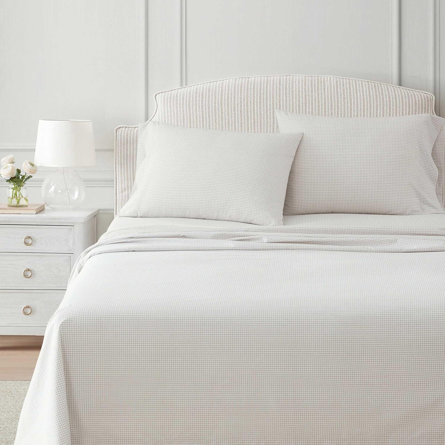 imageMartha Stewart Twin Size Sheet Set Crisp amp Tailored Sheets with a Smooth Cotton Percale Feel Striped Bed Sheets with Matching Pillowcase amp Fitted Sheet Leaf Trellis BeigeGingham Beige