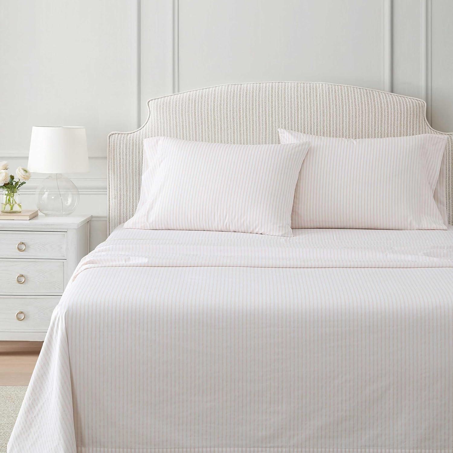 imageMartha Stewart Twin Size Sheet Set Crisp amp Tailored Sheets with a Smooth Cotton Percale Feel Striped Bed Sheets with Matching Pillowcase amp Fitted Sheet Leaf Trellis BeigeTicking Stripe Pink