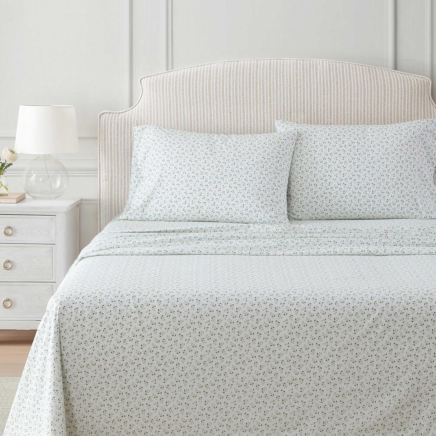 imageMartha Stewart Twin Size Sheet Set Crisp amp Tailored Sheets with a Smooth Cotton Percale Feel Striped Bed Sheets with Matching Pillowcase amp Fitted Sheet Leaf Trellis BeigeKennedy Floral Green