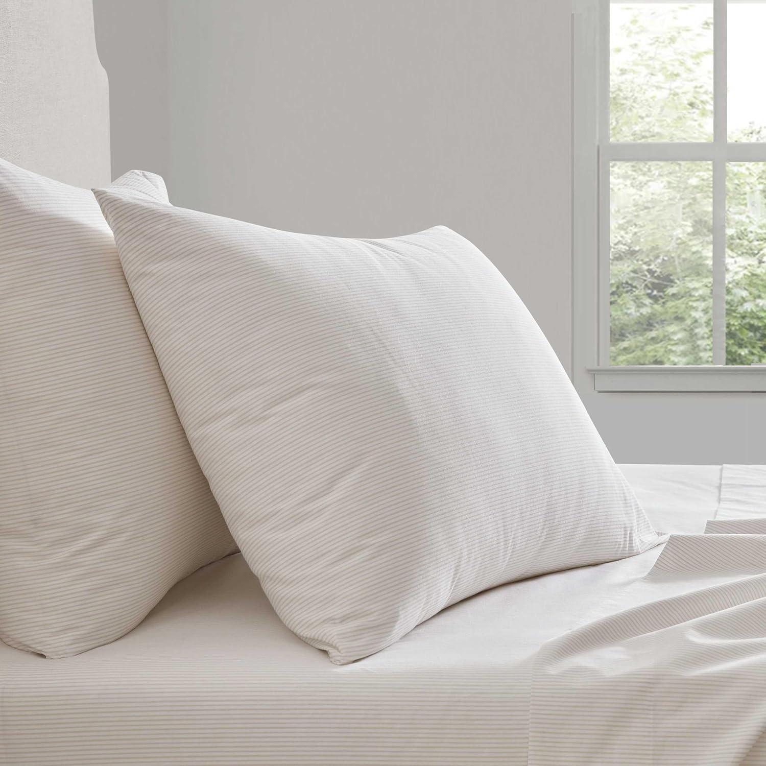 imageMartha Stewart Twin Size Sheet Set Crisp amp Tailored Sheets with a Smooth Cotton Percale Feel Striped Bed Sheets with Matching Pillowcase amp Fitted Sheet Leaf Trellis BeigeStripe White