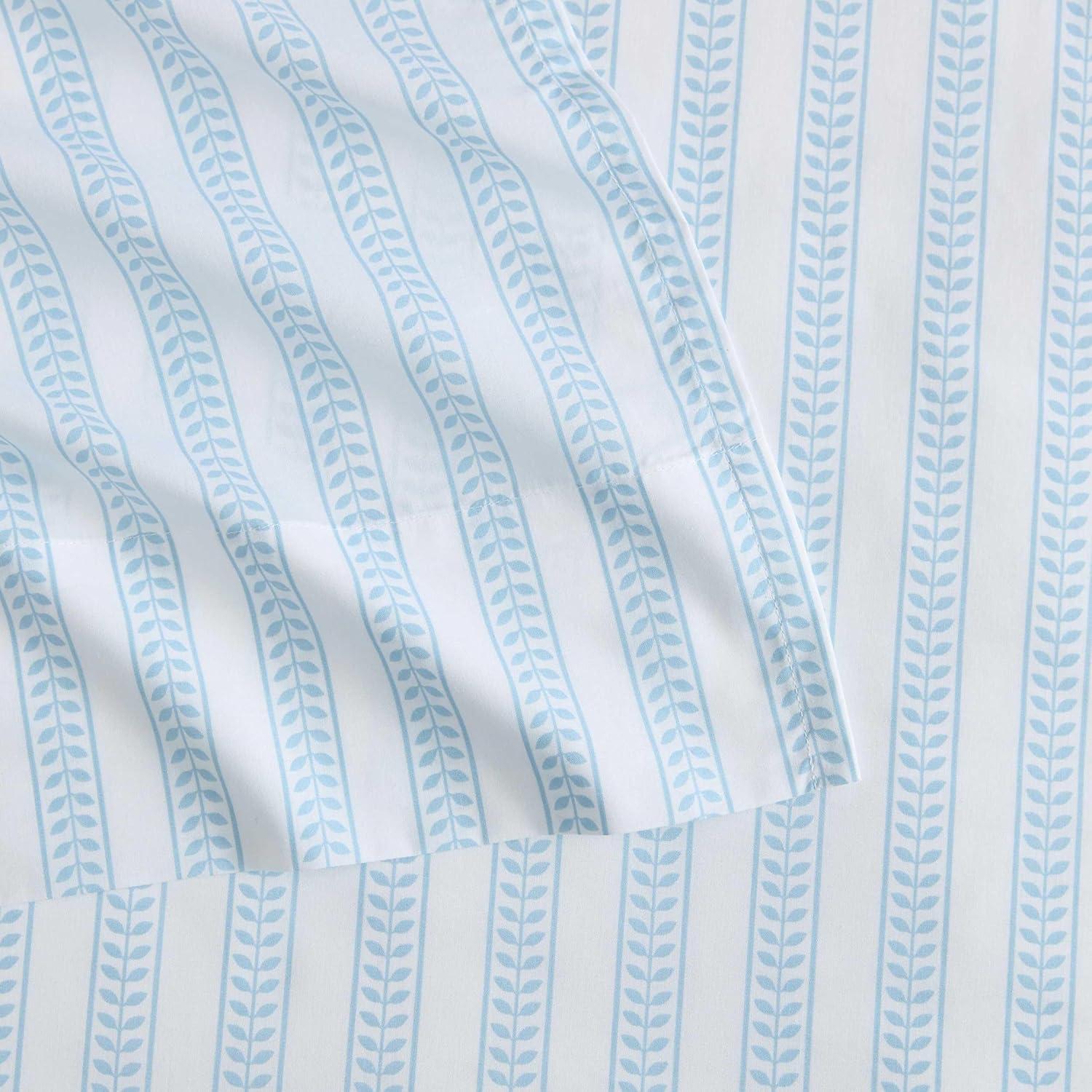 imageMartha Stewart Twin Size Sheet Set Crisp amp Tailored Sheets with a Smooth Cotton Percale Feel Striped Bed Sheets with Matching Pillowcase amp Fitted Sheet Leaf Trellis BeigeLeaf Stripe Blue