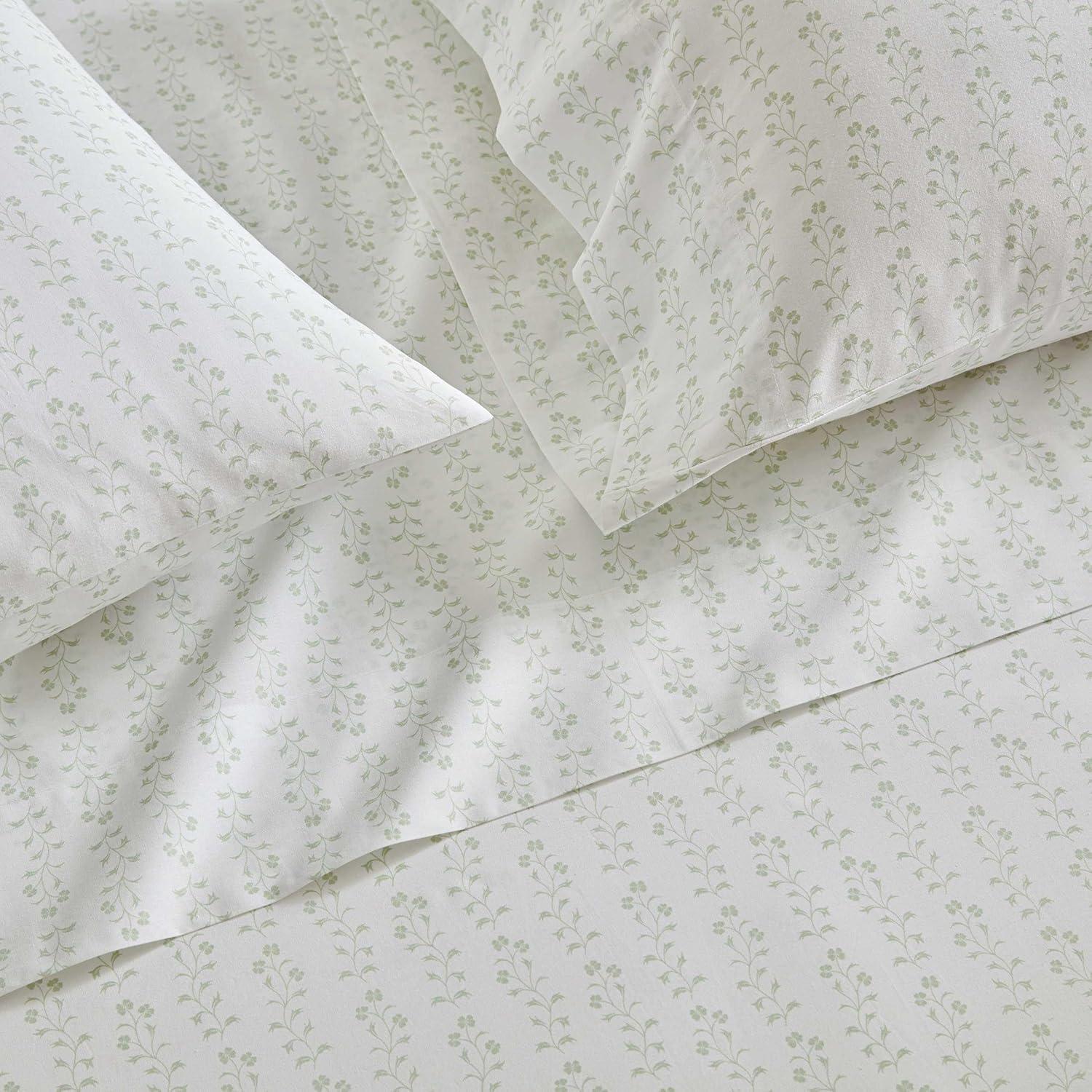 imageMartha Stewart Twin Size Sheet Set Crisp amp Tailored Sheets with a Smooth Cotton Percale Feel Striped Bed Sheets with Matching Pillowcase amp Fitted Sheet Leaf Trellis BeigeDitsy Vine Green
