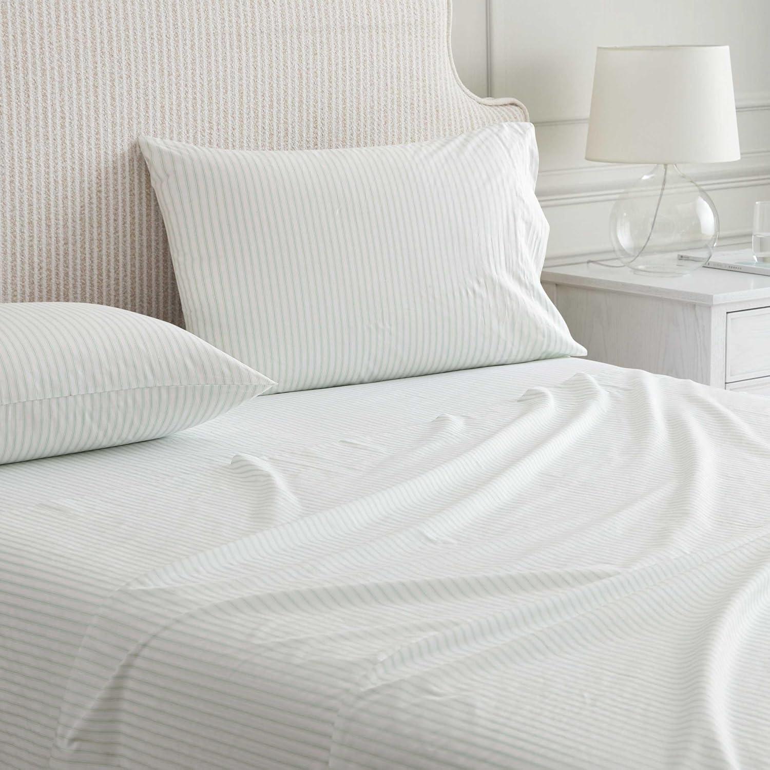 imageMartha Stewart Twin Size Sheet Set Crisp amp Tailored Sheets with a Smooth Cotton Percale Feel Striped Bed Sheets with Matching Pillowcase amp Fitted Sheet Leaf Trellis BeigeTicking Stripe Green