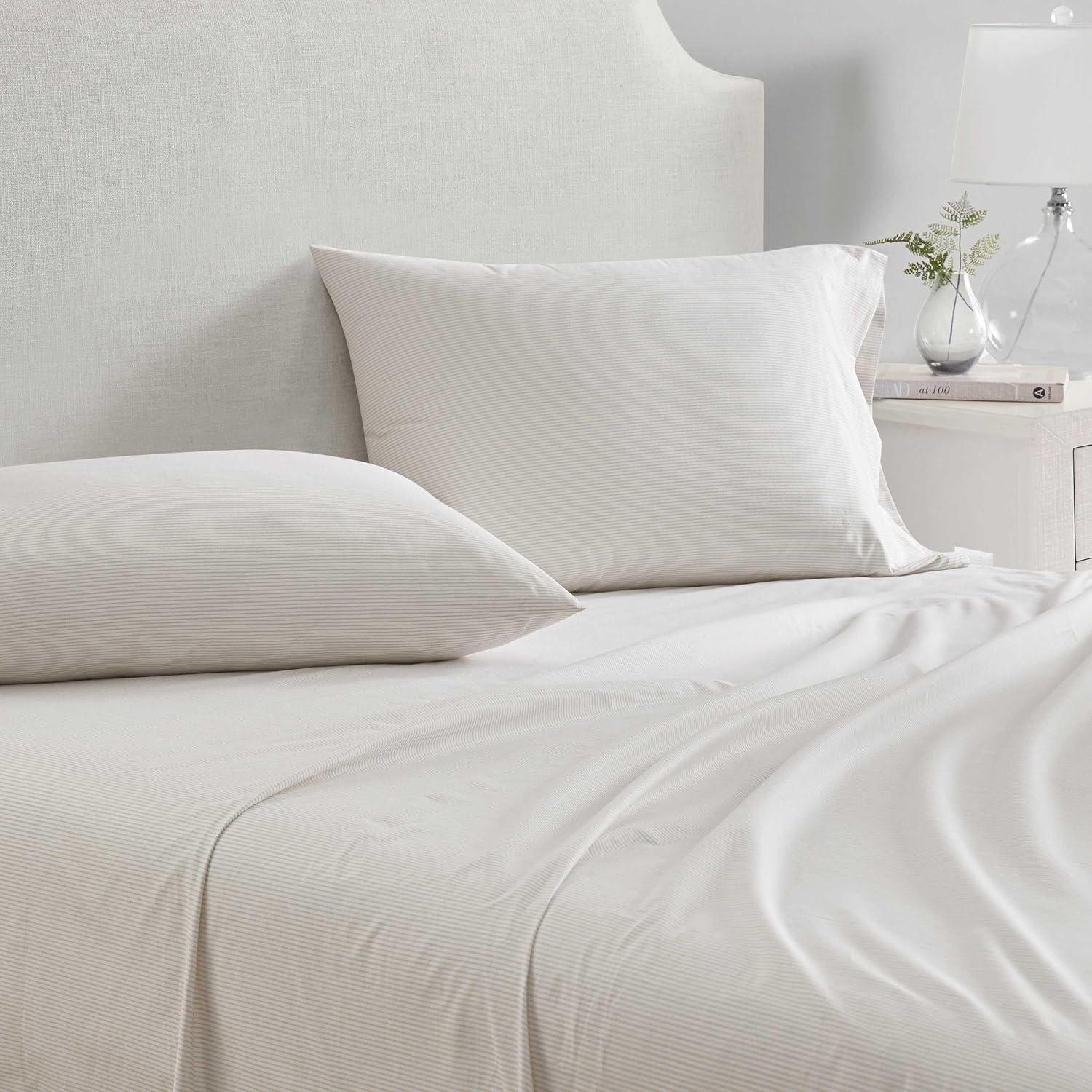 imageMartha Stewart Twin Size Sheet Set Crisp amp Tailored Sheets with a Smooth Cotton Percale Feel Striped Bed Sheets with Matching Pillowcase amp Fitted Sheet Leaf Trellis BeigeStripe White