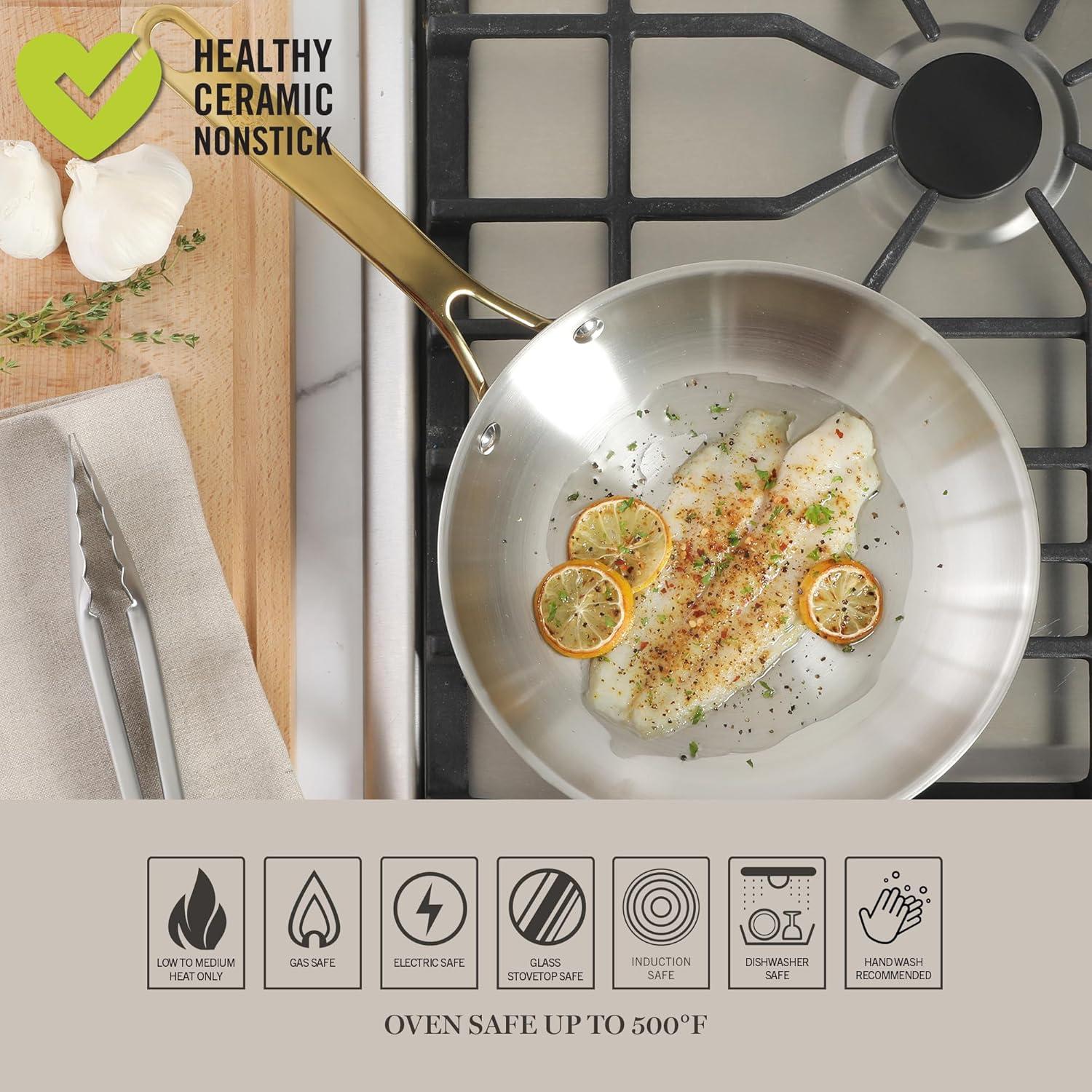 imageMartha Stewart Castelle 8 Stainless Steel Frying Pan Non Toxic Fry Pan SkilletStainless Steel W Gold Handle