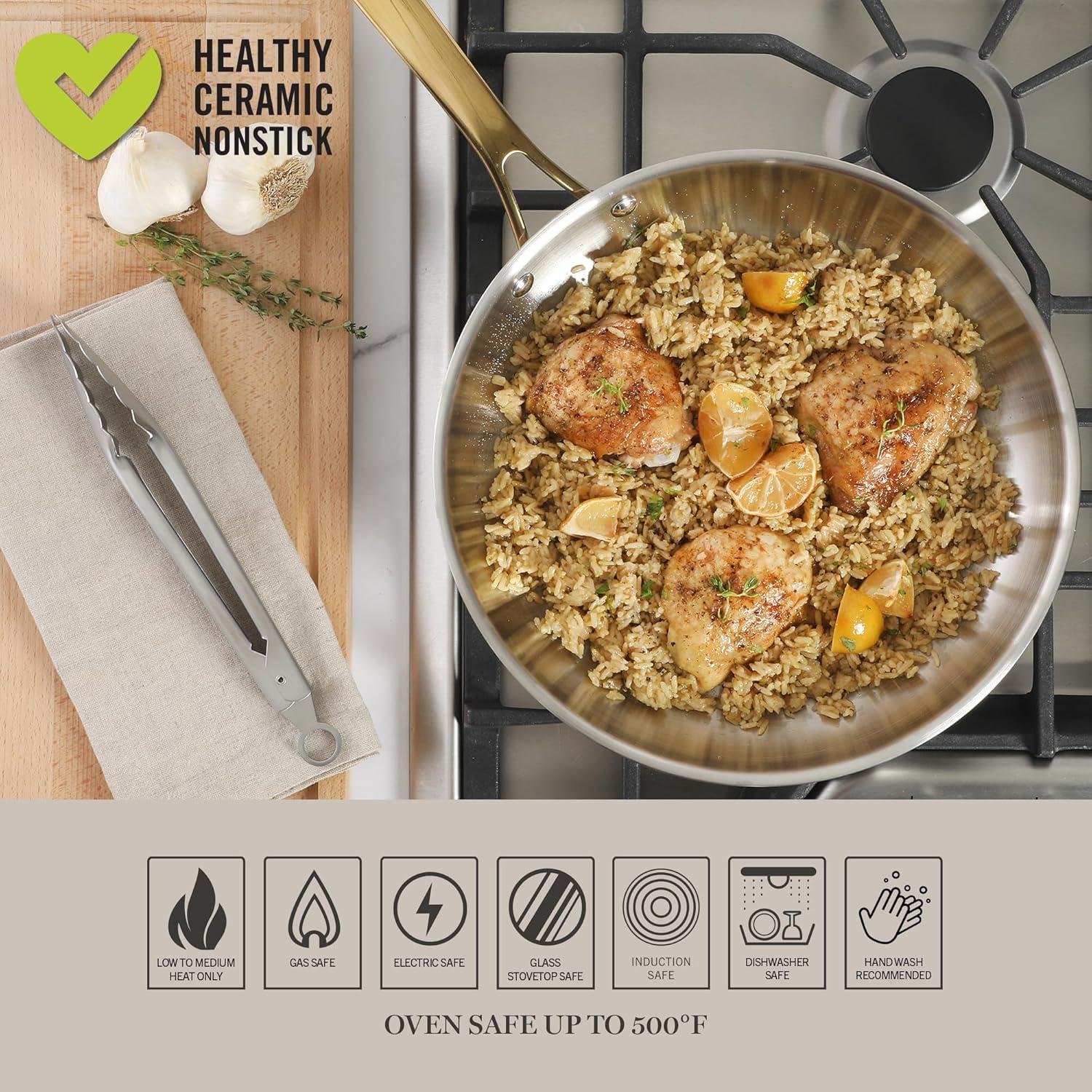 imageMartha Stewart Castelle 8 Stainless Steel Frying Pan Non Toxic Fry Pan SkilletStainless Steel W Gold Handle