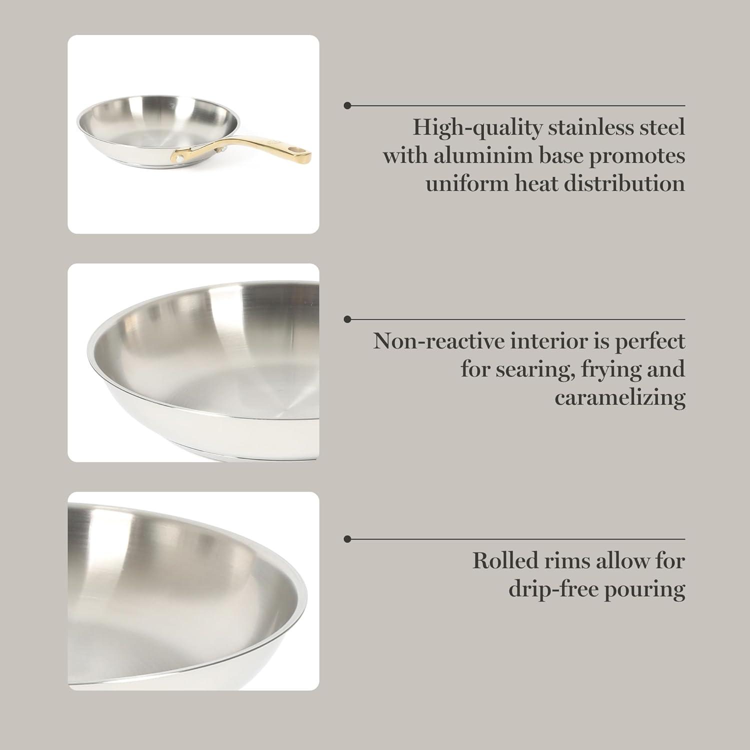 imageMartha Stewart Castelle 8 Stainless Steel Frying Pan Non Toxic Fry Pan SkilletStainless Steel W Gold Handle