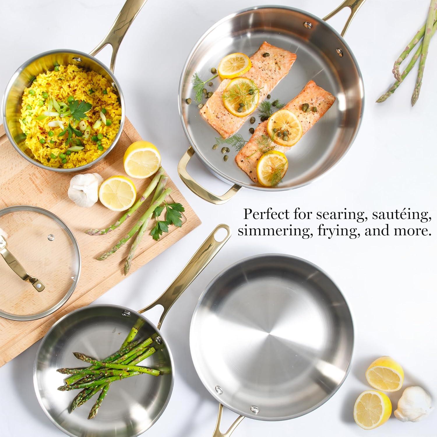 imageMartha Stewart Castelle 8 Stainless Steel Frying Pan Non Toxic Fry Pan SkilletStainless Steel W Gold Handle