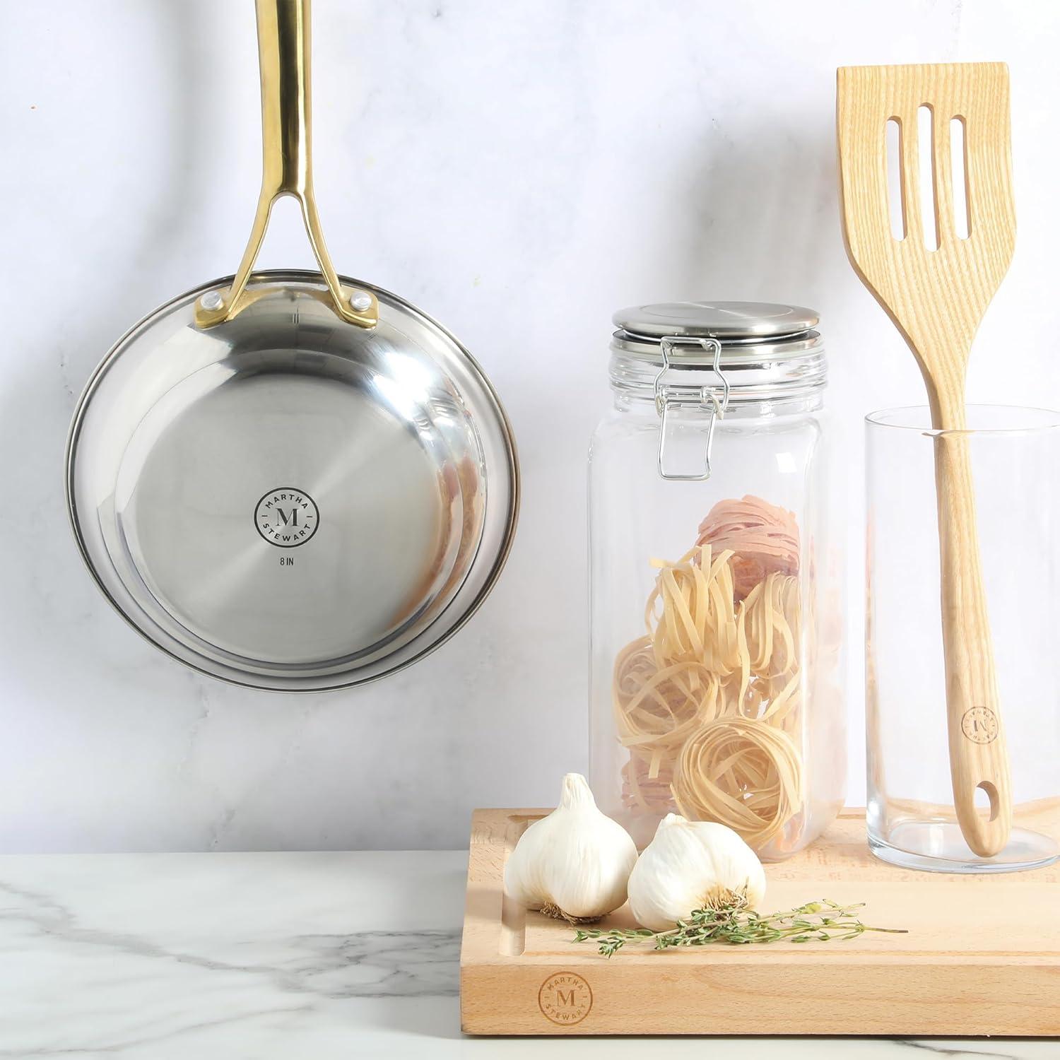 imageMartha Stewart Castelle 8 Stainless Steel Frying Pan Non Toxic Fry Pan SkilletStainless Steel W Gold Handle