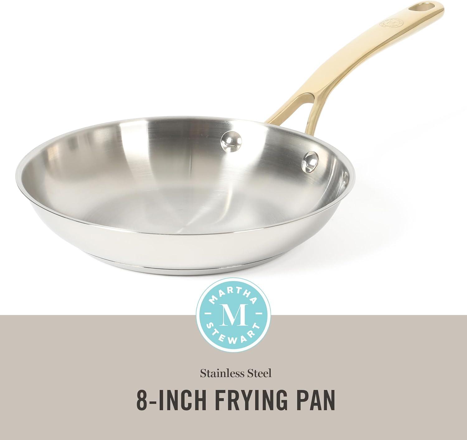imageMartha Stewart Castelle 8 Stainless Steel Frying Pan Non Toxic Fry Pan SkilletStainless Steel W Gold Handle