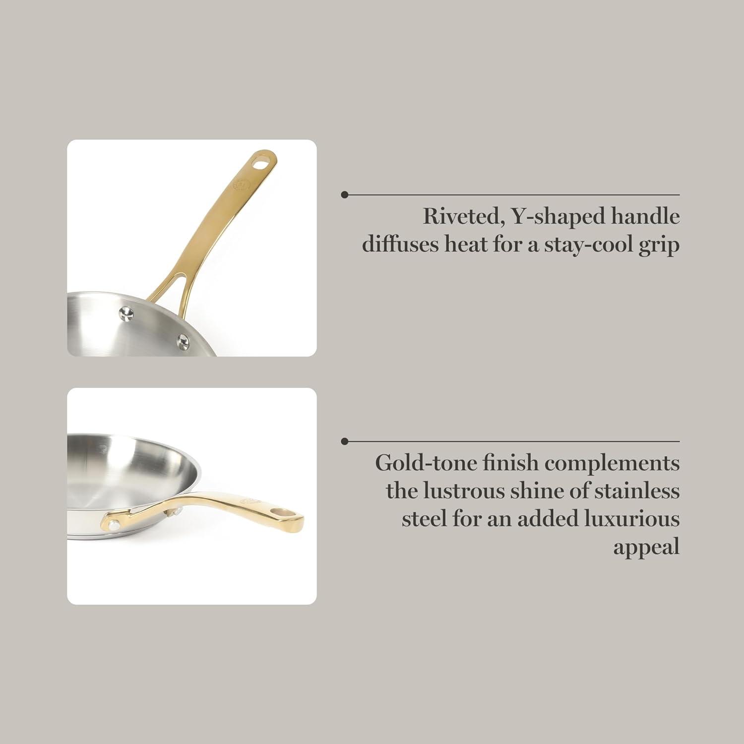 imageMartha Stewart Castelle 8 Stainless Steel Frying Pan Non Toxic Fry Pan SkilletStainless Steel W Gold Handle