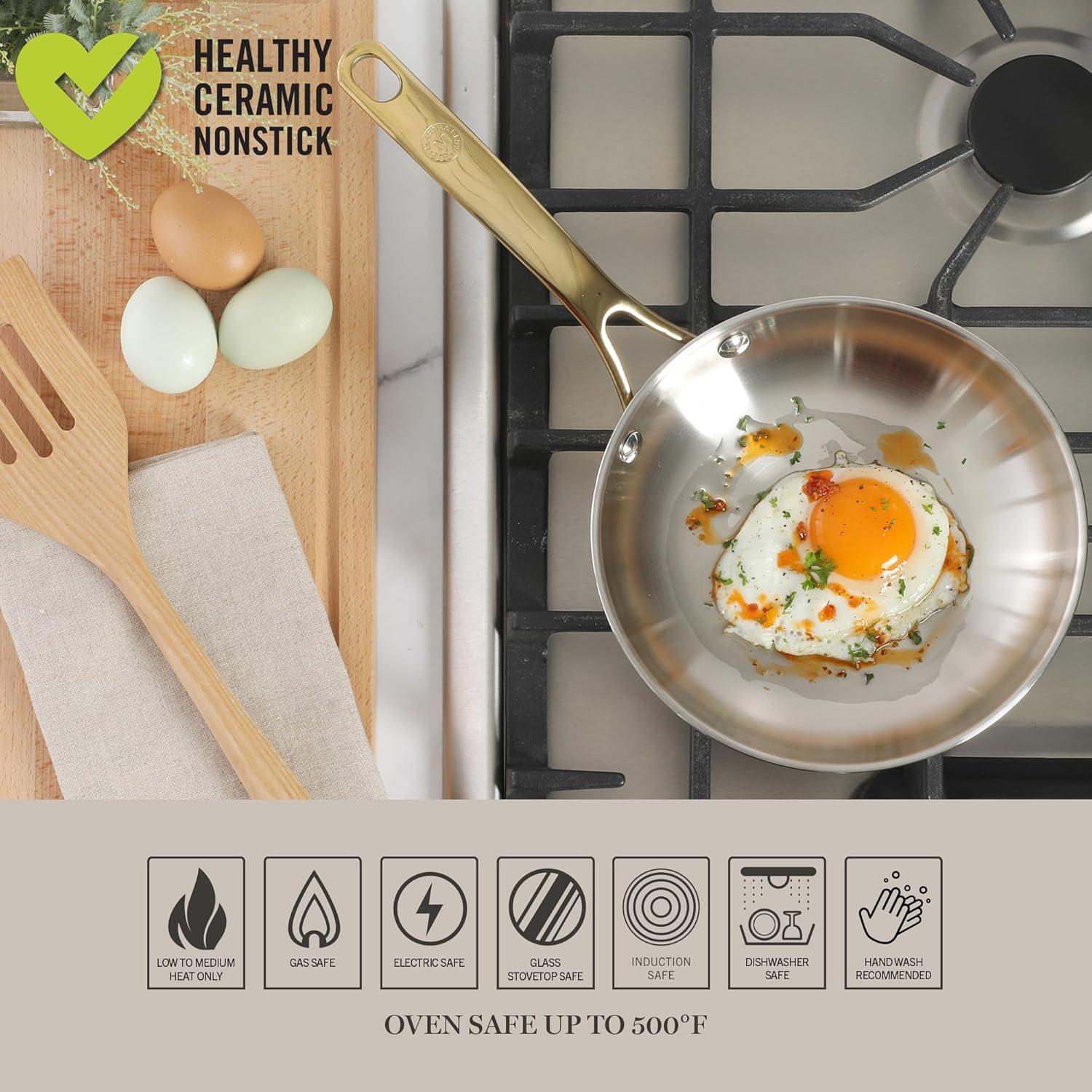 imageMartha Stewart Castelle 8 Stainless Steel Frying Pan Non Toxic Fry Pan SkilletStainless Steel W Gold Handle