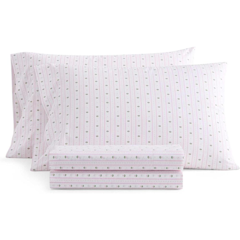 imageMartha Stewart Twin Size Sheet Set Crisp amp Tailored Sheets with a Smooth Cotton Percale Feel Striped Bed Sheets with Matching Pillowcase amp Fitted Sheet Leaf Trellis BeigeFloral Stripe Pink