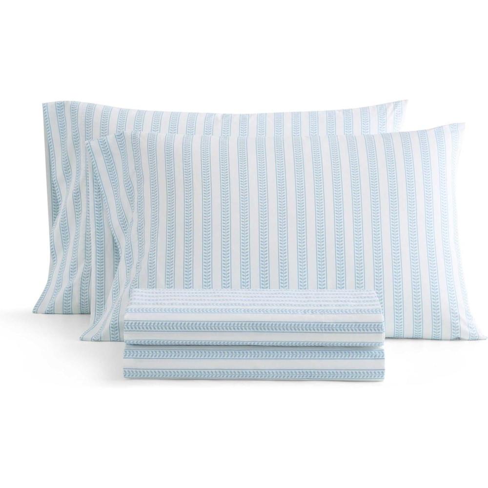 imageMartha Stewart Twin Size Sheet Set Crisp amp Tailored Sheets with a Smooth Cotton Percale Feel Striped Bed Sheets with Matching Pillowcase amp Fitted Sheet Leaf Trellis BeigeLeaf Stripe Blue