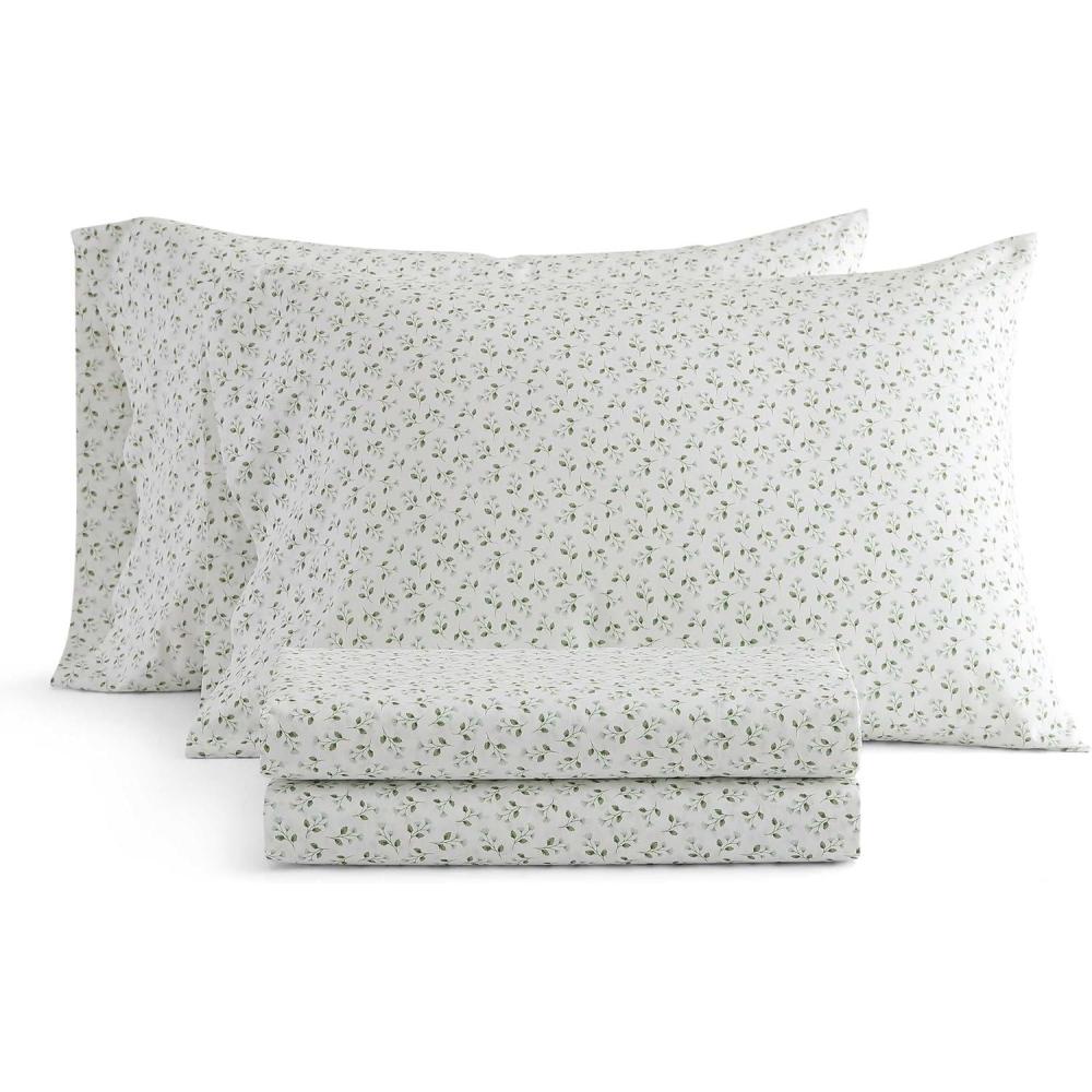 imageMartha Stewart Twin Size Sheet Set Crisp amp Tailored Sheets with a Smooth Cotton Percale Feel Striped Bed Sheets with Matching Pillowcase amp Fitted Sheet Leaf Trellis BeigeKennedy Floral Green