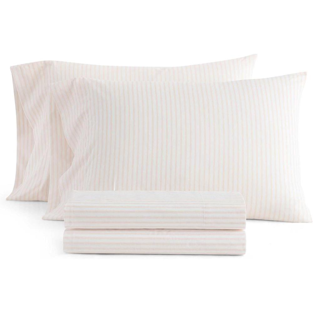 imageMartha Stewart  Twin Size Sheet Set Crisp amp Tailored Sheets with a Smooth Cotton Percale Feel  Striped Bed Sheets with Matching Pillowcase amp Fitted Sheet Leaf Trellis BeigeTicking Stripe Pink
