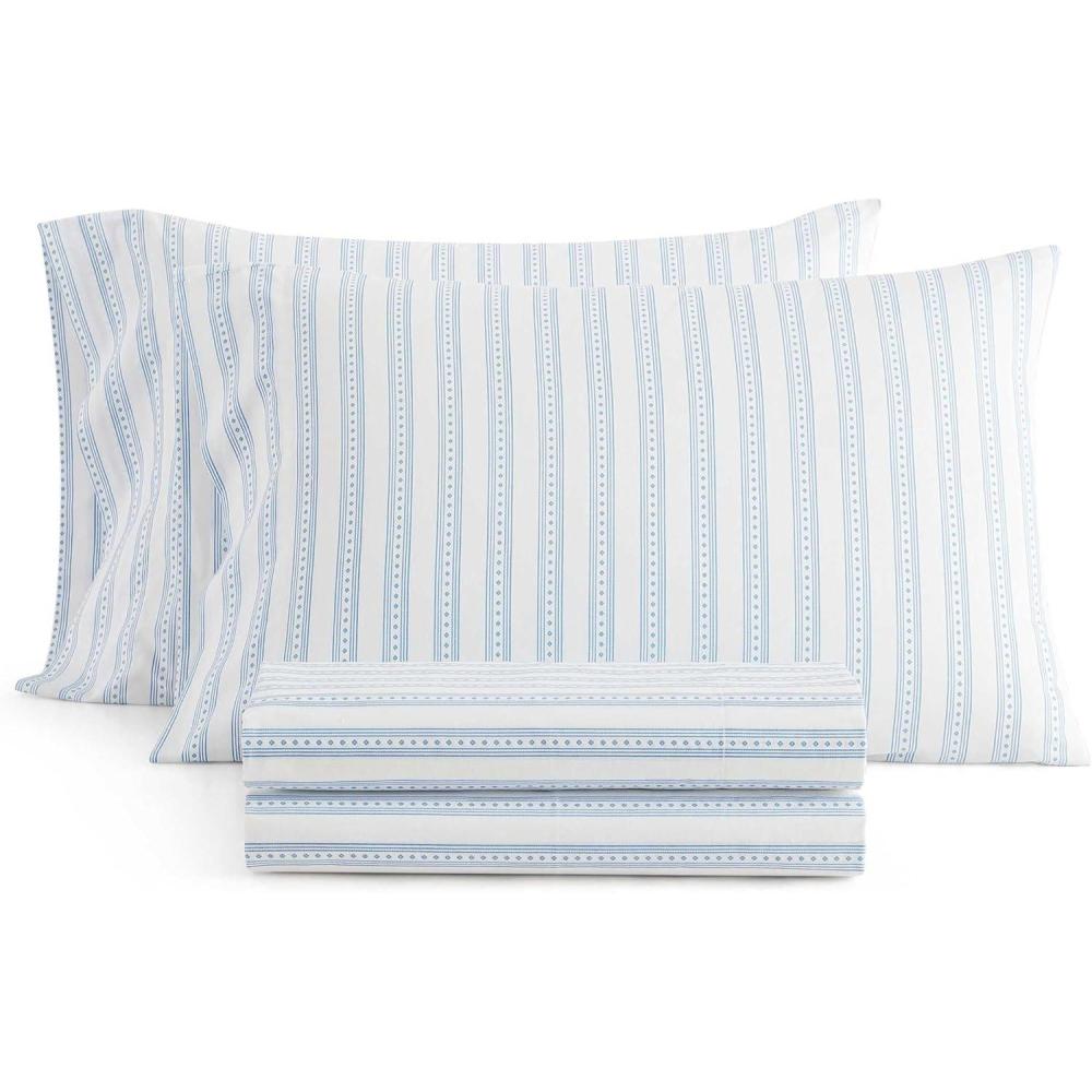 imageMartha Stewart Twin Size Sheet Set Crisp amp Tailored Sheets with a Smooth Cotton Percale Feel Striped Bed Sheets with Matching Pillowcase amp Fitted Sheet Leaf Trellis BeigeFrancesca Stripe Blue