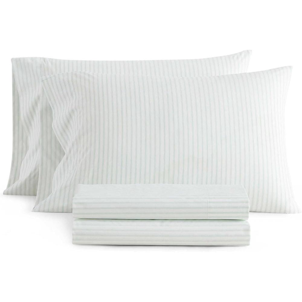 imageMartha Stewart  Twin Size Sheet Set Crisp amp Tailored Sheets with a Smooth Cotton Percale Feel  Striped Bed Sheets with Matching Pillowcase amp Fitted Sheet Leaf Trellis BeigeTicking Stripe Green