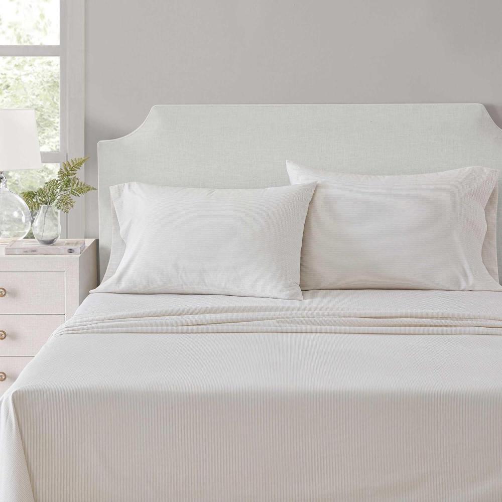 imageMartha Stewart  Twin Size Sheet Set Crisp amp Tailored Sheets with a Smooth Cotton Percale Feel  Striped Bed Sheets with Matching Pillowcase amp Fitted Sheet Leaf Trellis BeigeStripe White