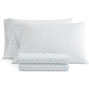 Martha Stewart – Twin Size Sheet Set, Crisp & Tailored Sheets with a Smooth Cotton Percale Feel – Striped Bed Sheets with Matching Pillowcase & Fitted Sheet (Leaf Trellis Beige)(Floral Stripe Blue)