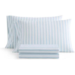 Martha Stewart – Twin Size Sheet Set, Crisp & Tailored Sheets with a Smooth Cotton Percale Feel – Striped Bed Sheets with Matching Pillowcase & Fitted Sheet (Leaf Trellis Beige)(Leaf Stripe Blue)