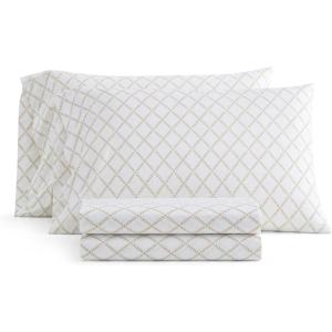 Martha Stewart – Twin Size Sheet Set, Crisp & Tailored Sheets with a Smooth Cotton Percale Feel – Striped Bed Sheets with Matching Pillowcase & Fitted Sheet (Leaf Trellis Beige)(Leaf Trellis Beige)