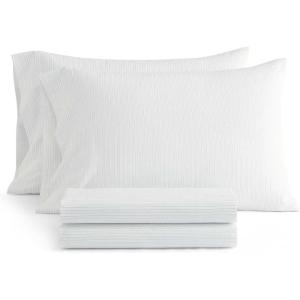 Martha Stewart – Twin Size Sheet Set, Crisp & Tailored Sheets with a Smooth Cotton Percale Feel – Striped Bed Sheets with Matching Pillowcase & Fitted Sheet (Leaf Trellis Beige)(Dottie Stripe Green)