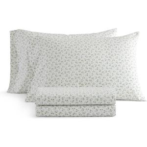 Martha Stewart – Twin Size Sheet Set, Crisp & Tailored Sheets with a Smooth Cotton Percale Feel – Striped Bed Sheets with Matching Pillowcase & Fitted Sheet (Leaf Trellis Beige)(Kennedy Floral Green)