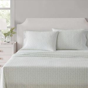 Martha Stewart – Twin Size Sheet Set, Crisp & Tailored Sheets with a Smooth Cotton Percale Feel – Striped Bed Sheets with Matching Pillowcase & Fitted Sheet (Leaf Trellis Beige)(Ditsy Vine Green)